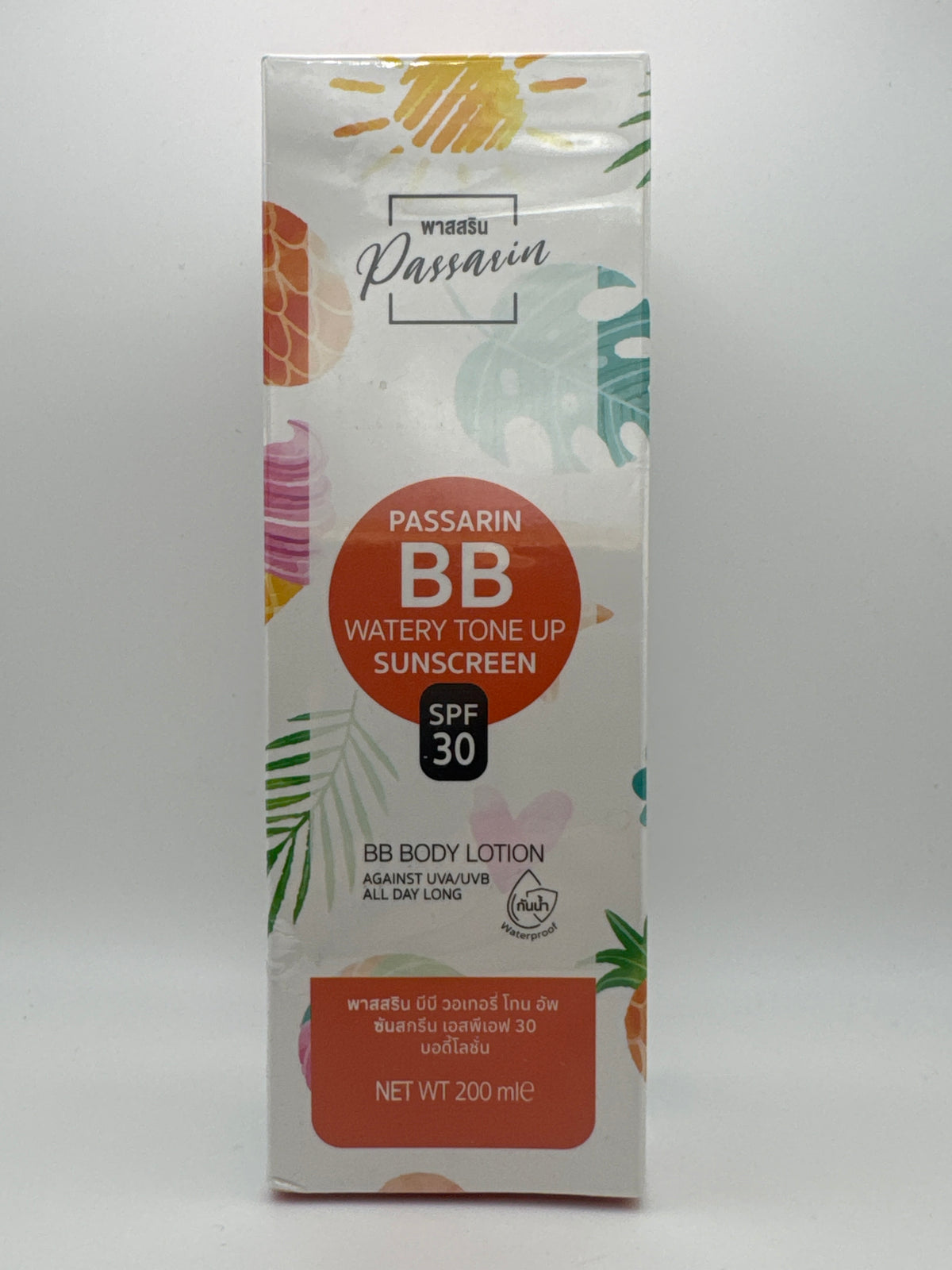 Front photo: Passarin BB Watery Tone Up Sunscreen Body Lotion box with colorful leaf accents, SPF 30 labeling, and 200 ml size.