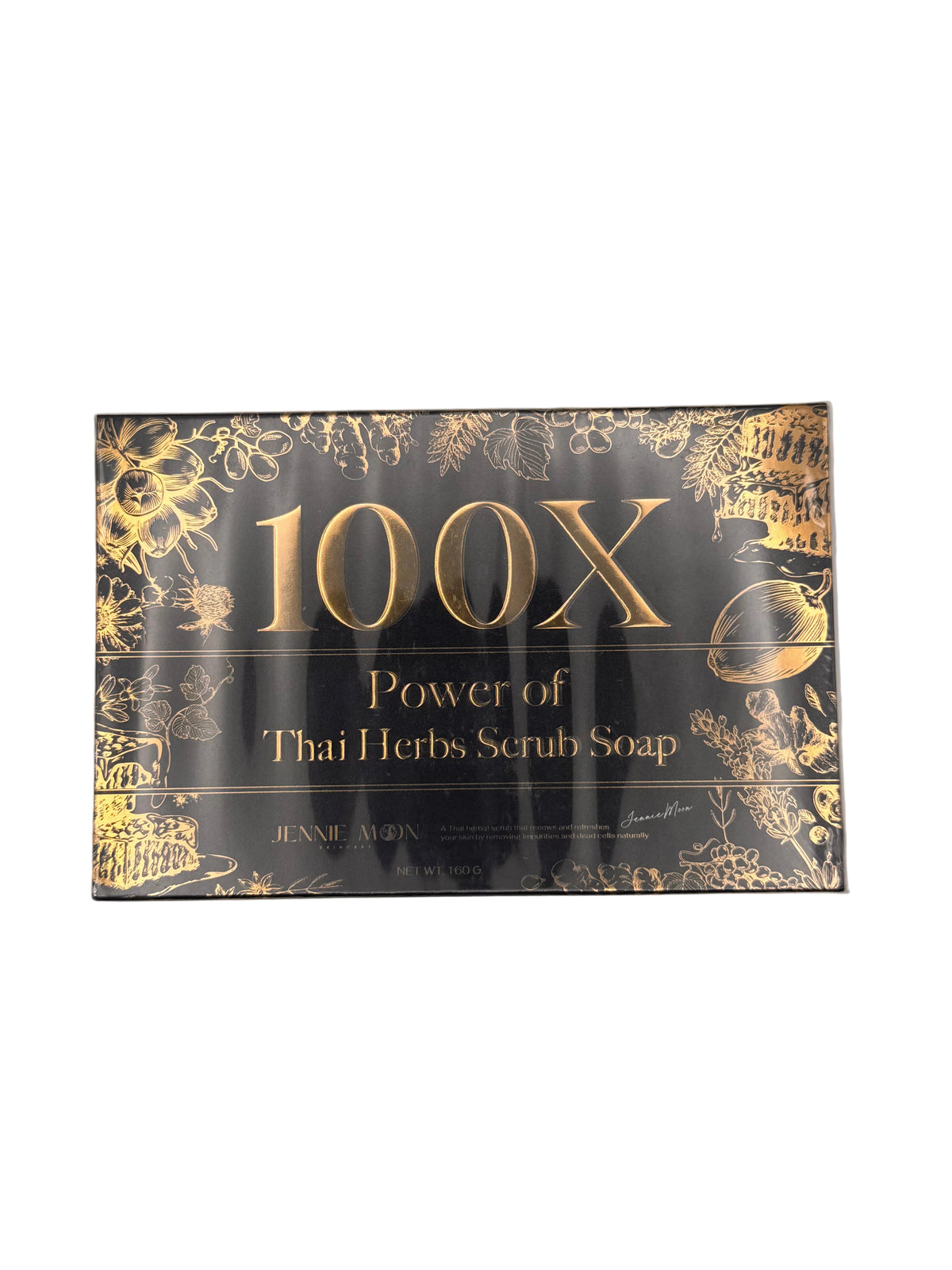 Black and gold box of Jennie Moon 100X Power of Thai Herbs Scrub Soap, with a large gold 100X and gold botanical line art of Thai herbs, flowers and roots framing the panel