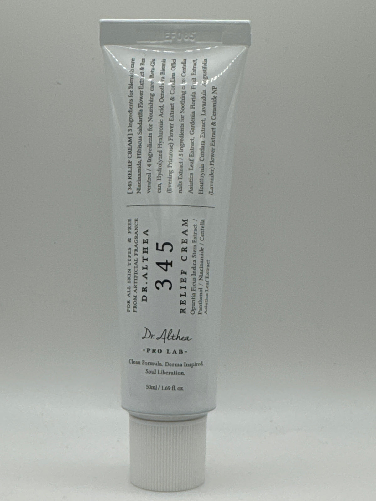 Dr. Althea 345 Relief Cream 50 ml tube with white cap and printed ingredient highlights.