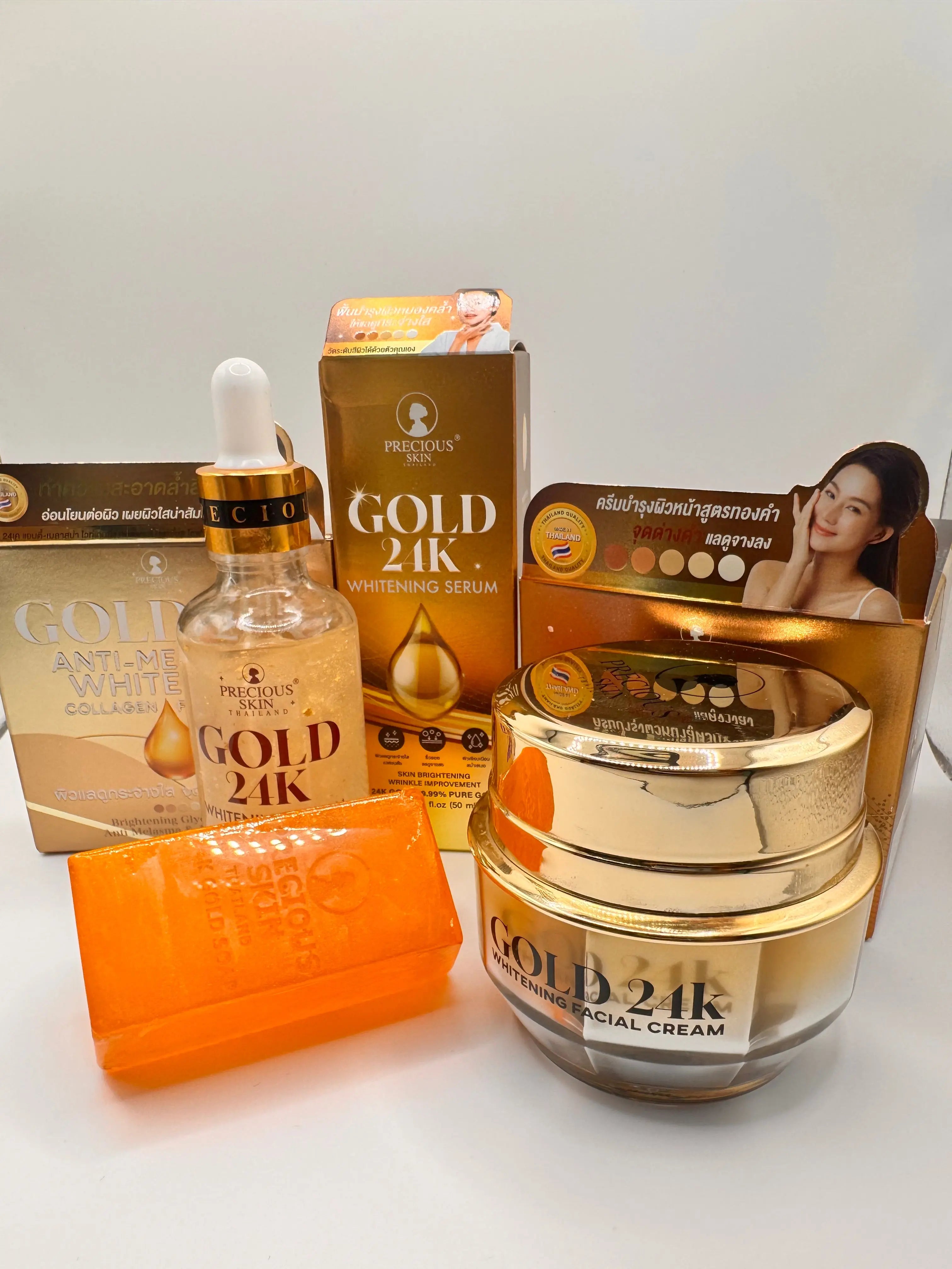 "Precious Skin Gold 24K Anti-Melasma Bundle - Thai 24K gold brightening set with alpha arbutin and tranexamic acid to fade melasma and dark spots"