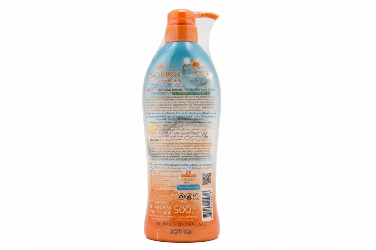 "Soriko Kojic Acid AHA UV Whitening Lotion bottle showing triple-action formula with kojic acid, AHA, and UV protection"
