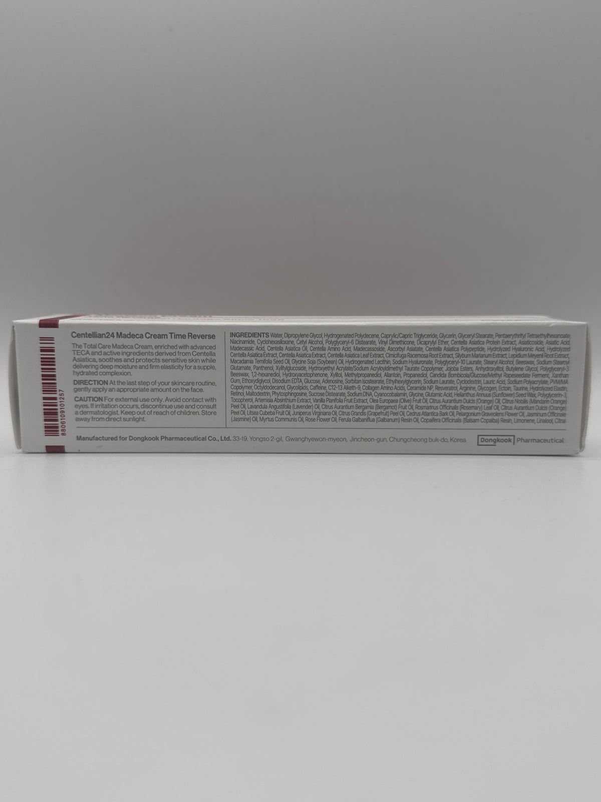 Centellian 24 Madeca Cream Time Reverse box showing English directions, precautions, ingredients and barcode.