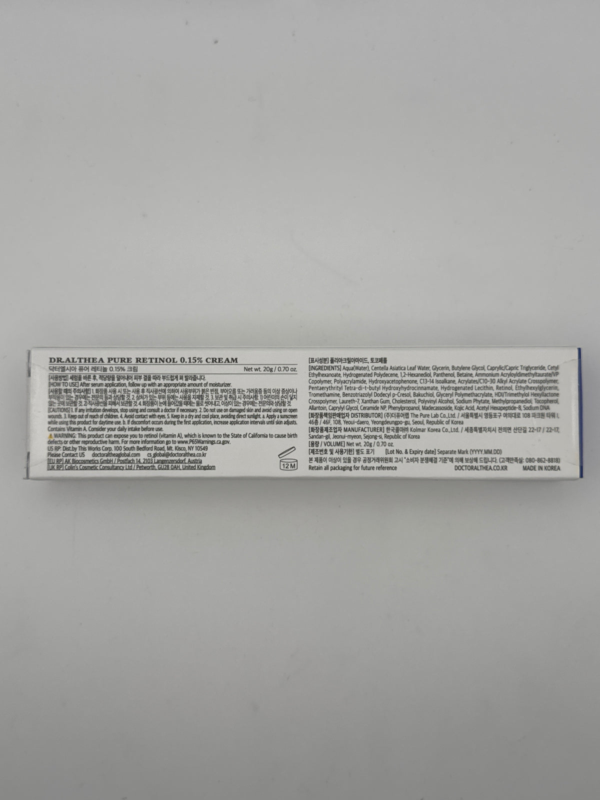 Side photo: Dr. Althea Pure Retinol 0.15% Cream side panel showing the retinol molecular structure and skin elasticity product information.