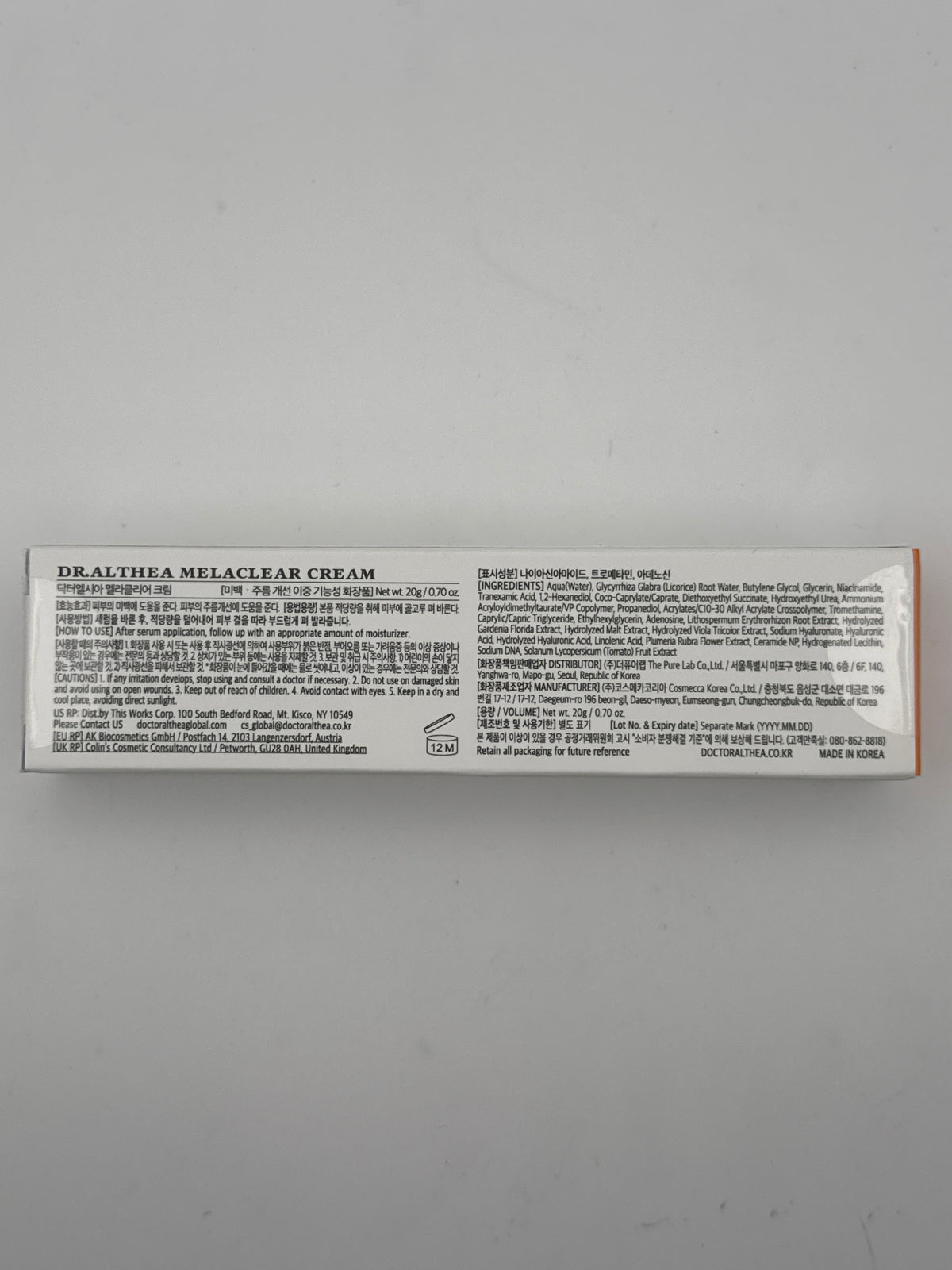 Back photo: Dr. Althea Melaclear Cream back label showing ingredients, usage directions, warnings, and Made in Korea marking.