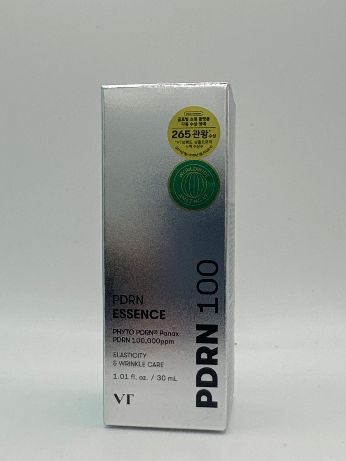 VT PDRN Essence 100 30 ml silver box, front view showing PHYTO PDRN Panax and elasticity and wrinkle care labeling.