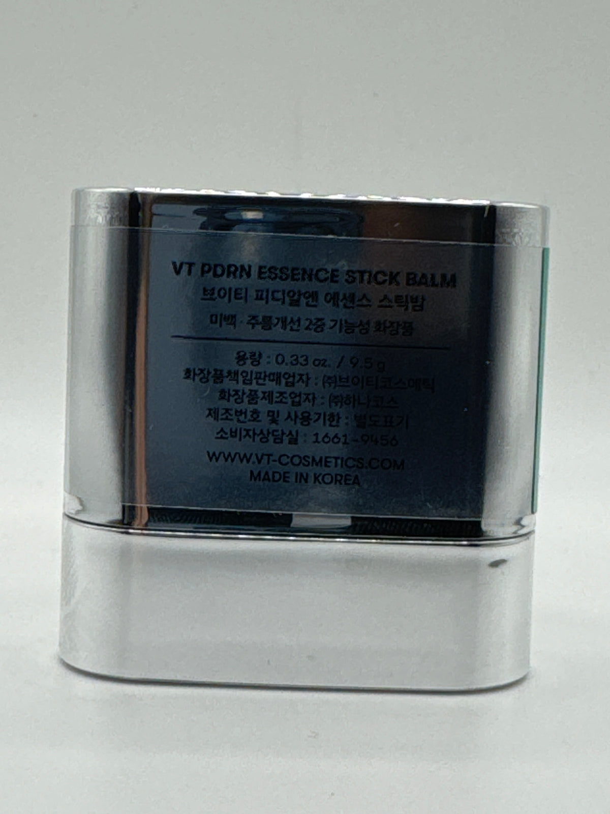 VT PDRN Essence Stick Balm container, back view showing Korean product information and Made in Korea label.