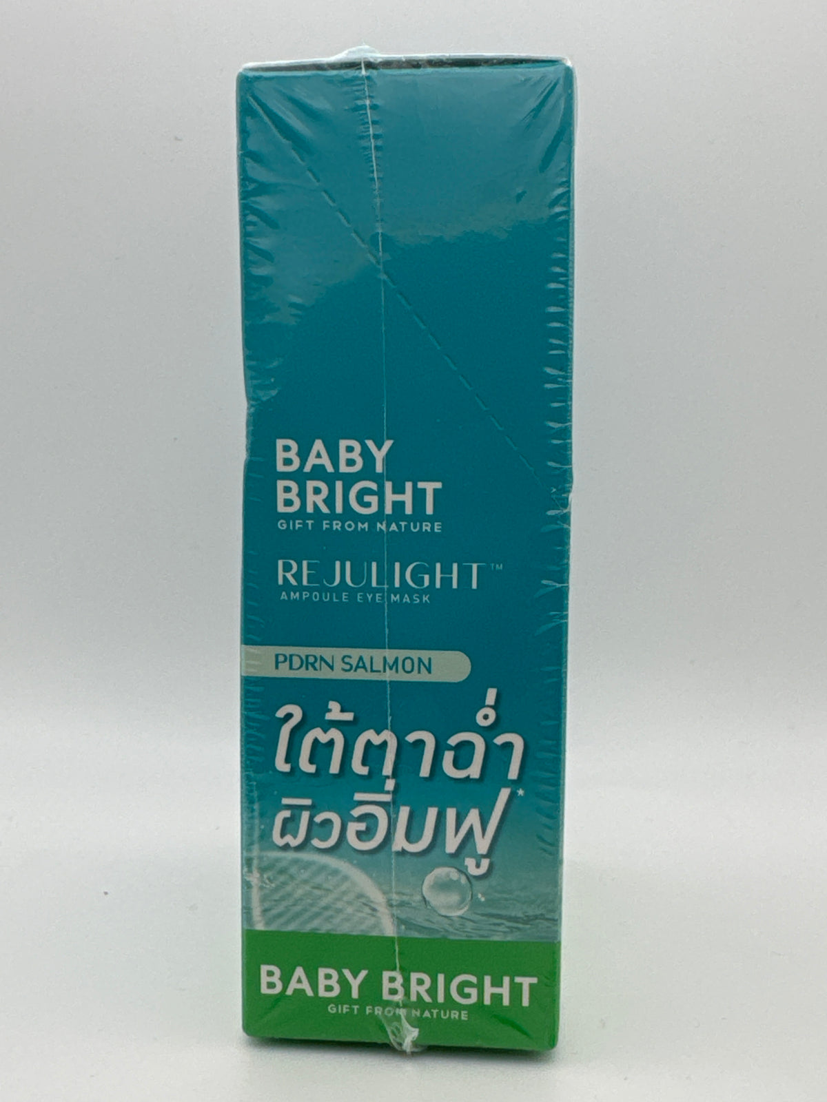 Side photo: Baby Bright Rejulight Ampoule Eye Mask teal side panel with PDRN Salmon branding and Thai product text.