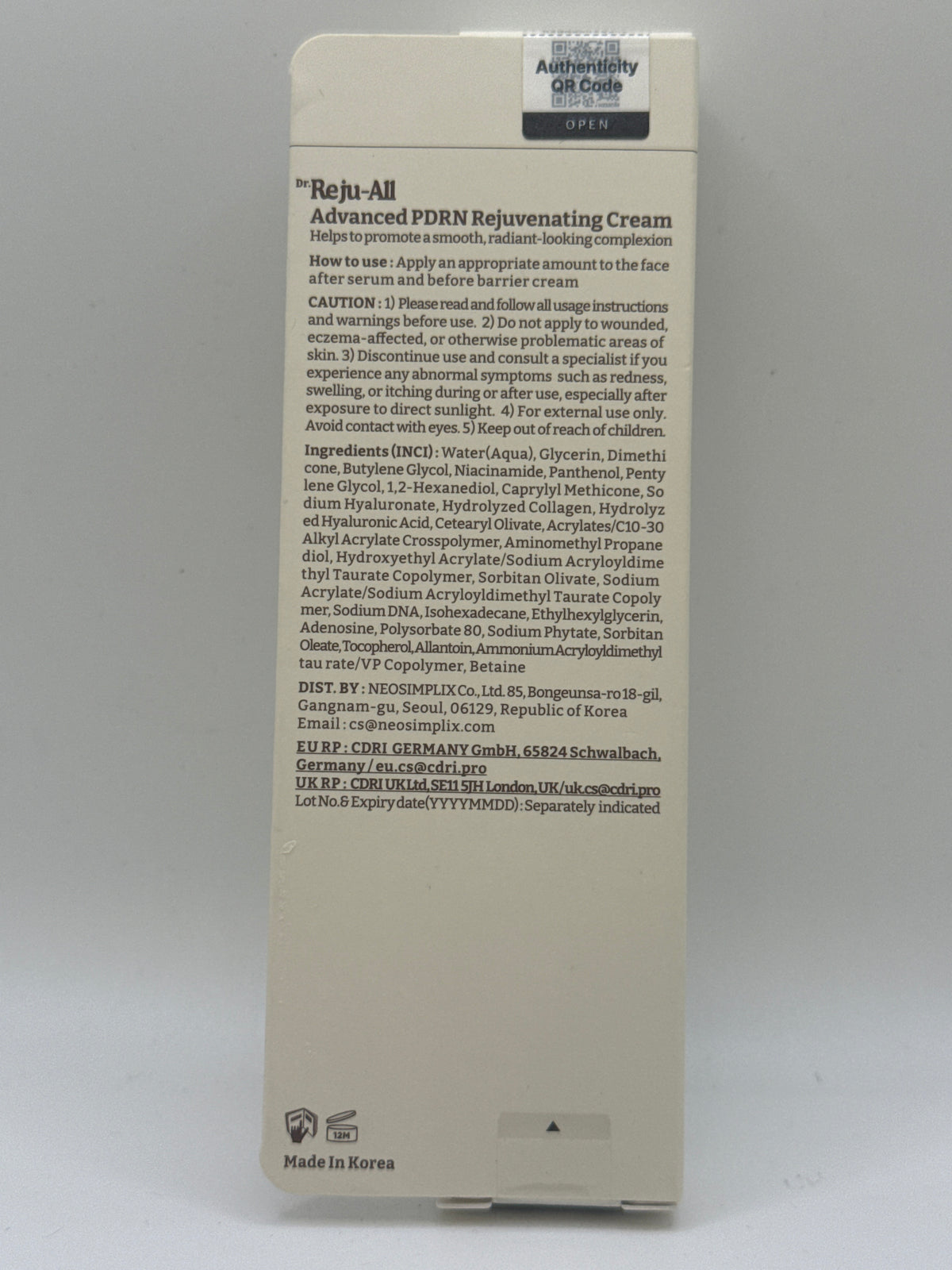 Dr. Reju-All Advanced PDRN Rejuvenating Cream box showing English directions, ingredients, precautions and authenticity QR code.