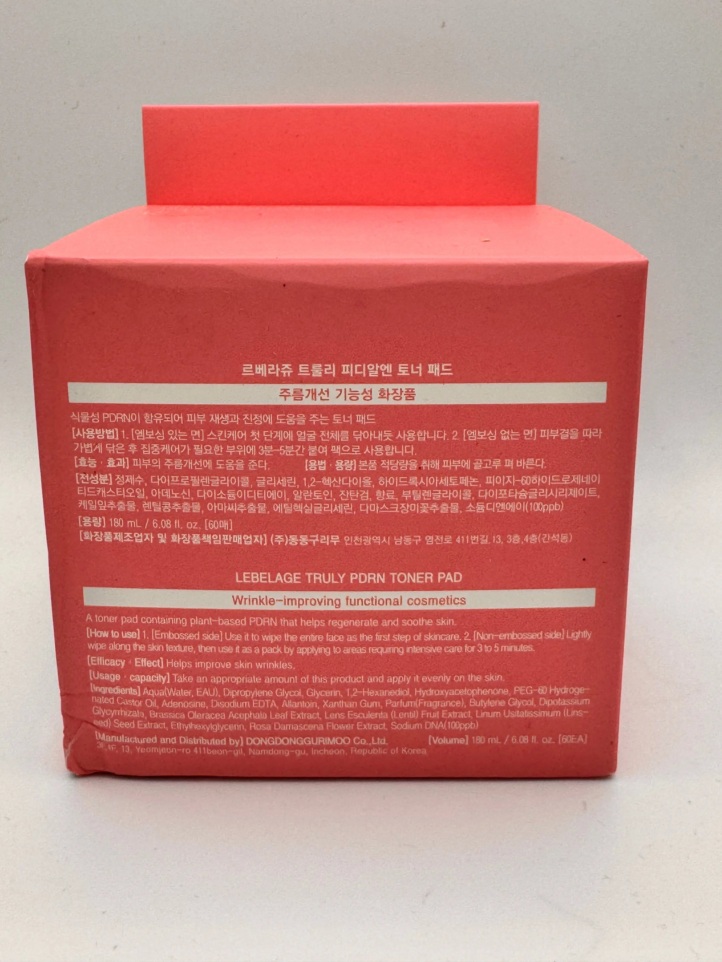 Lebelage Truly PDRN Toner Pad – Back of Box with Ingredients and Directions