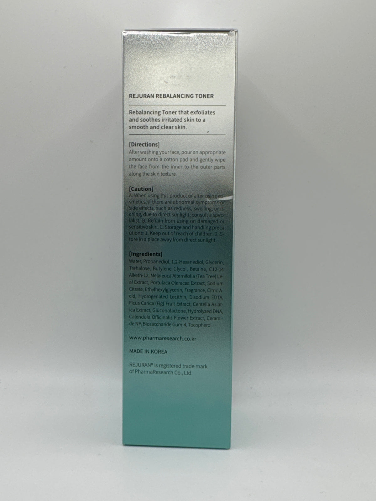Rejuran Rebalancing Toner box showing English directions, precautions and ingredient list.