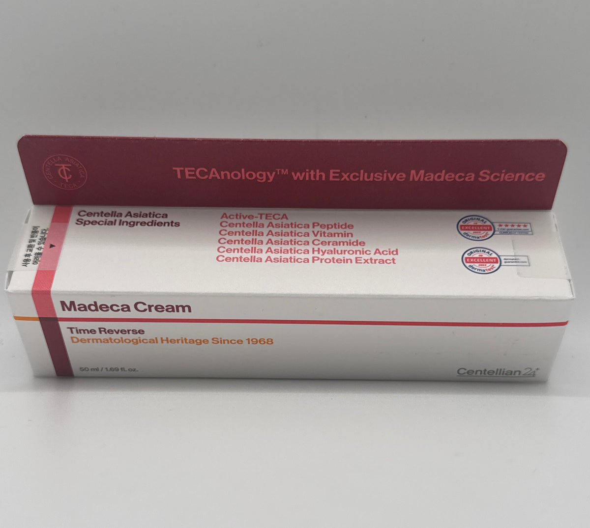 Centellian 24 Madeca Cream Time Reverse box showing highlighted Centella asiatica ingredients and testing badges.