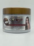 Rasyan Coconut Intensive Repair Super Treatment tub with a gold lid, coconut images, and a long-haired model on the label.