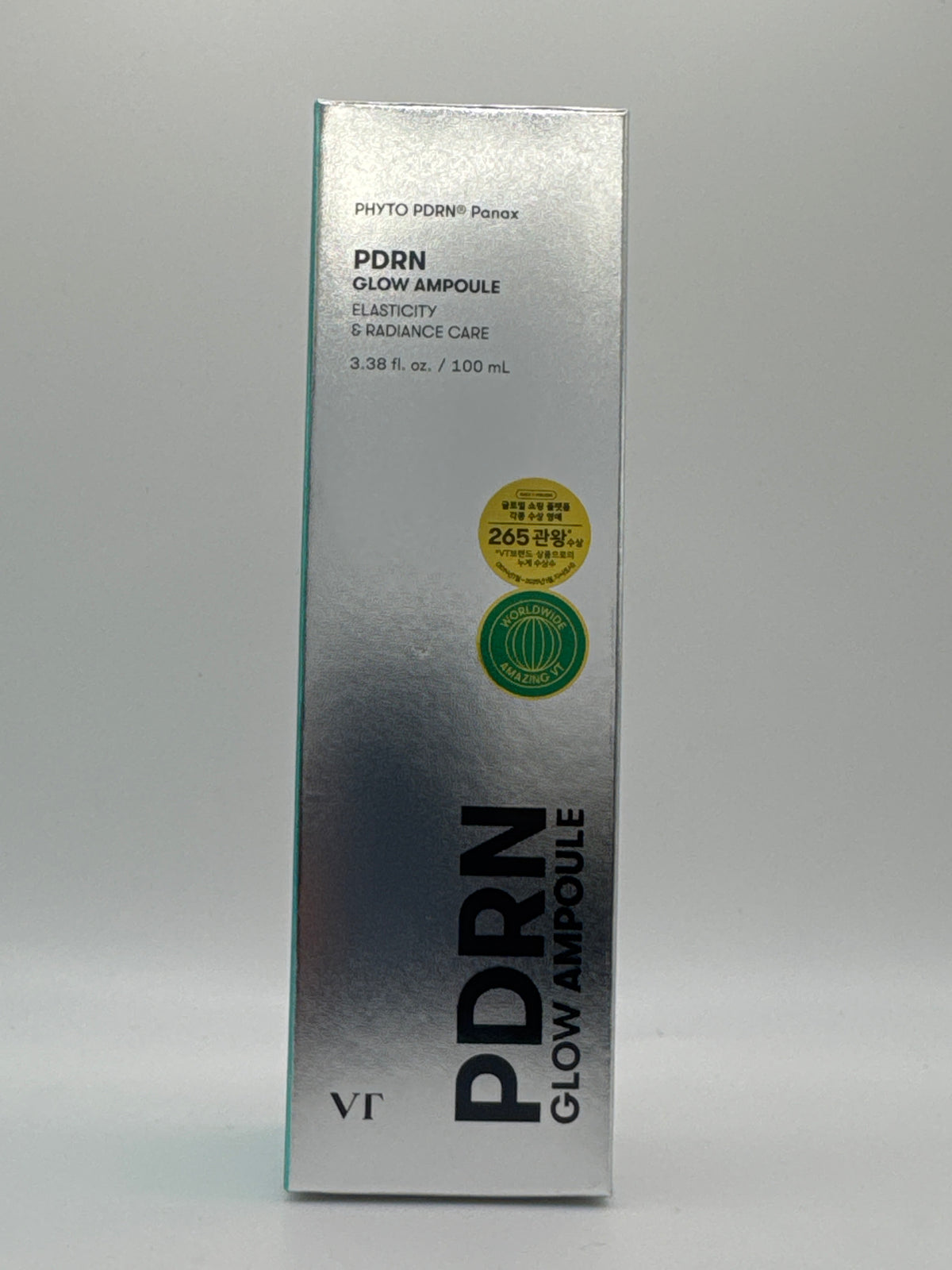 VT PDRN Glow Ampoule 100 ml silver-and-teal box, front view showing PHYTO PDRN Panax labeling.