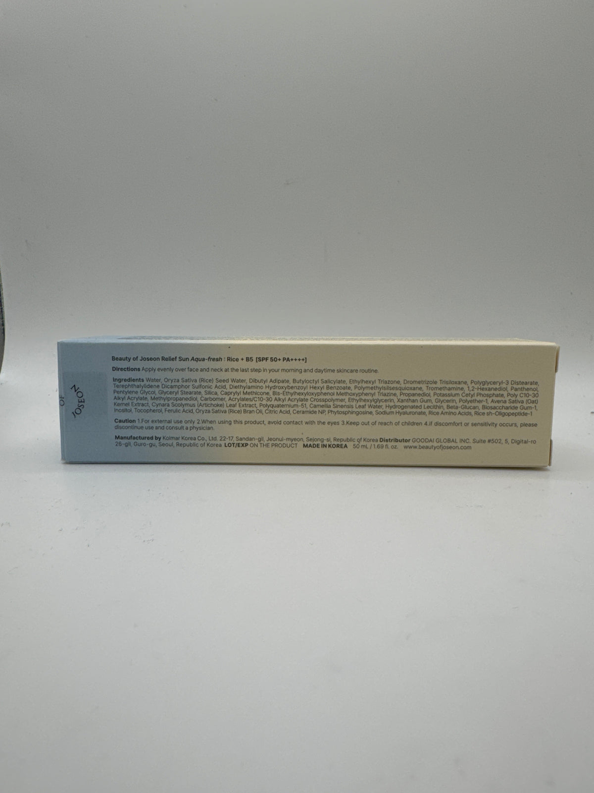 Beauty of Joseon Relief Sun Aqua Fresh sunscreen box showing English ingredients and directions.