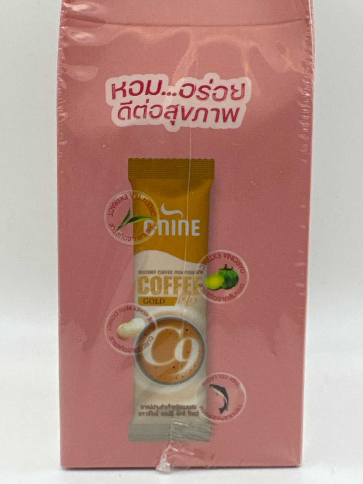 C9 Coffee Mix Gold box side panel featuring a gold-and-white sachet illustration and Thai text.