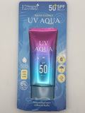 Front photo: Nangpaya UV Aqua Water Essence SPF 50 PA++++ sunscreen in blue packaging with a pink-to-blue gradient tube.