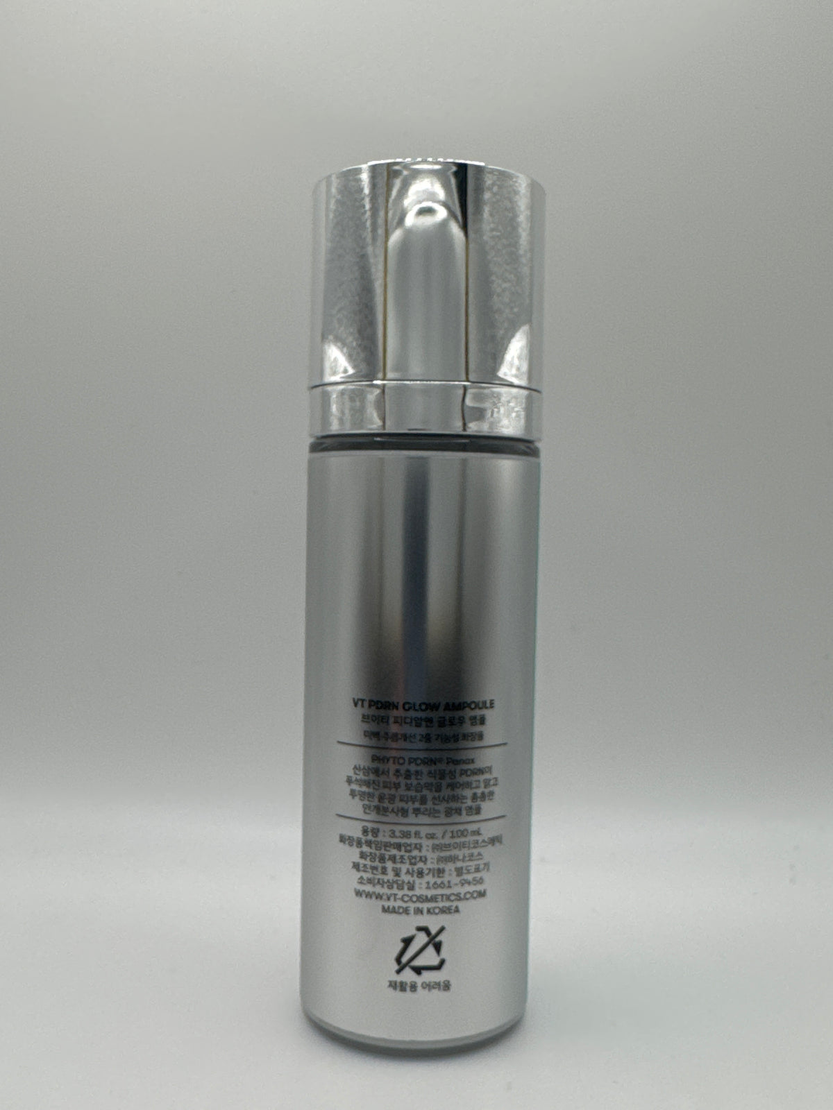 VT PDRN Glow Ampoule bottle, back view showing Korean product information and recycling symbol.