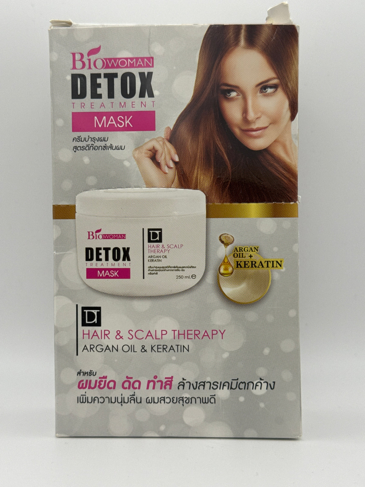 Bio Woman Detox Treatment Hair Mask box featuring a long-haired model, a treatment jar illustration, and argan oil and keratin labeling.
