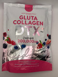 Silver and pink foil pouch of Joji Gluta Collagen DTX Plus mixed berry dietary supplement, 200,000 mg, with strawberry, blueberry and blackberry artwork