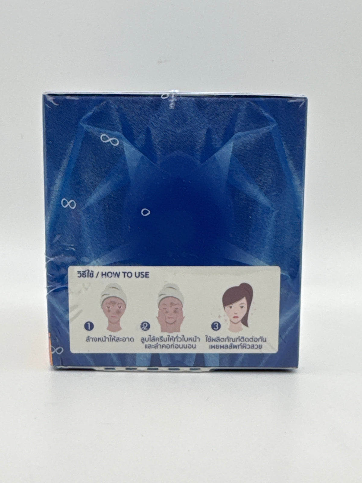 Directions: BeLike D6 Anti-Blemish Night Cream side panel with illustrated cleansing and nighttime application instructions.