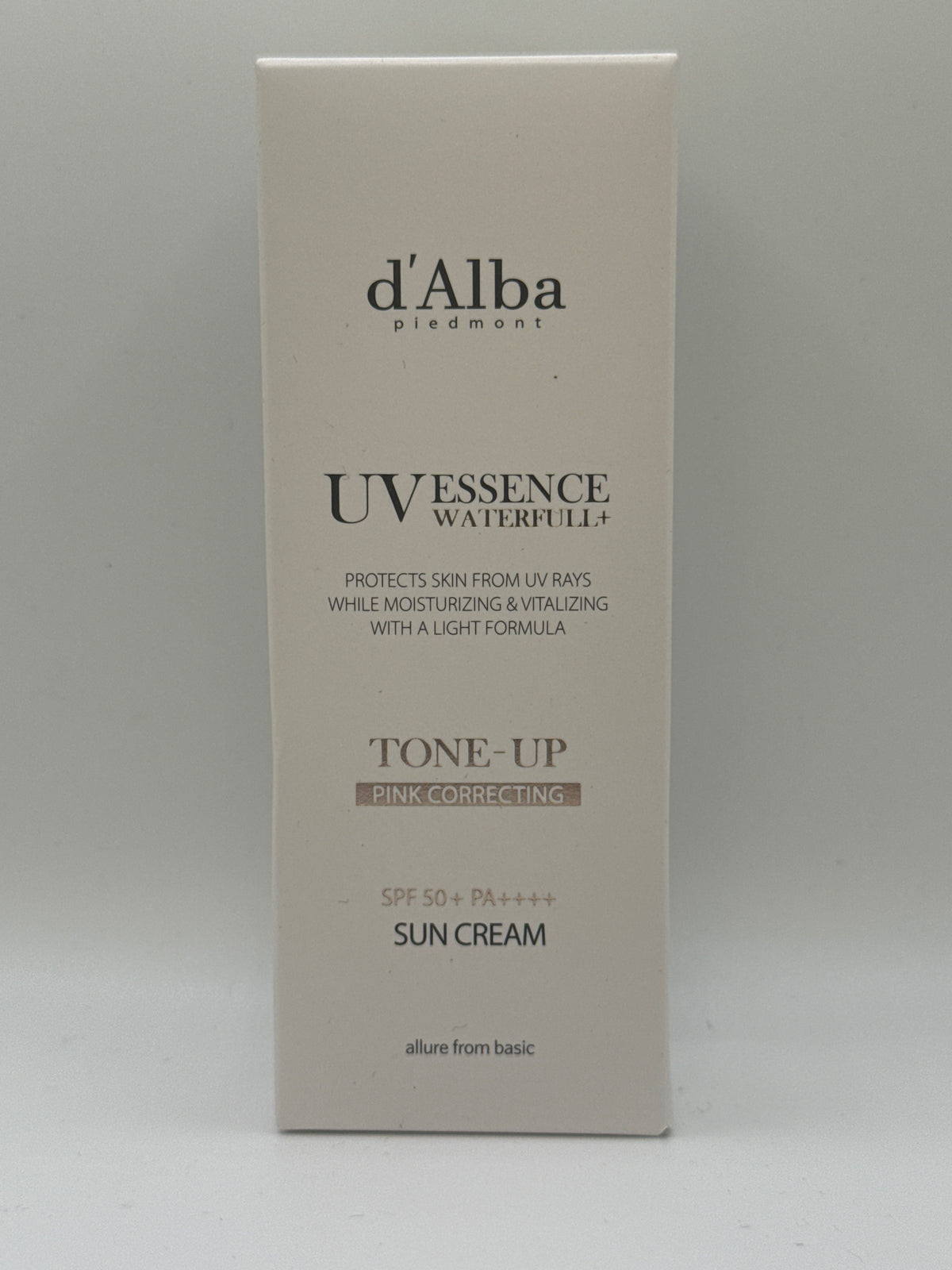 d’Alba Waterfull Tone-Up Sun Cream SPF 50+ PA++++ box, front view showing pink-correcting labeling.