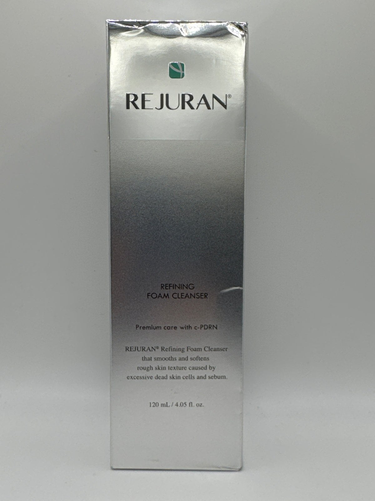 Rejuran Refining Foam Cleanser 120 ml silver box, front view with c-PDRN labeling.
