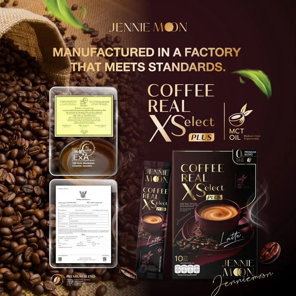 Jennie Moon Coffee Real Select Plus box and sachet beside manufacturing documents on a coffee bean background.

