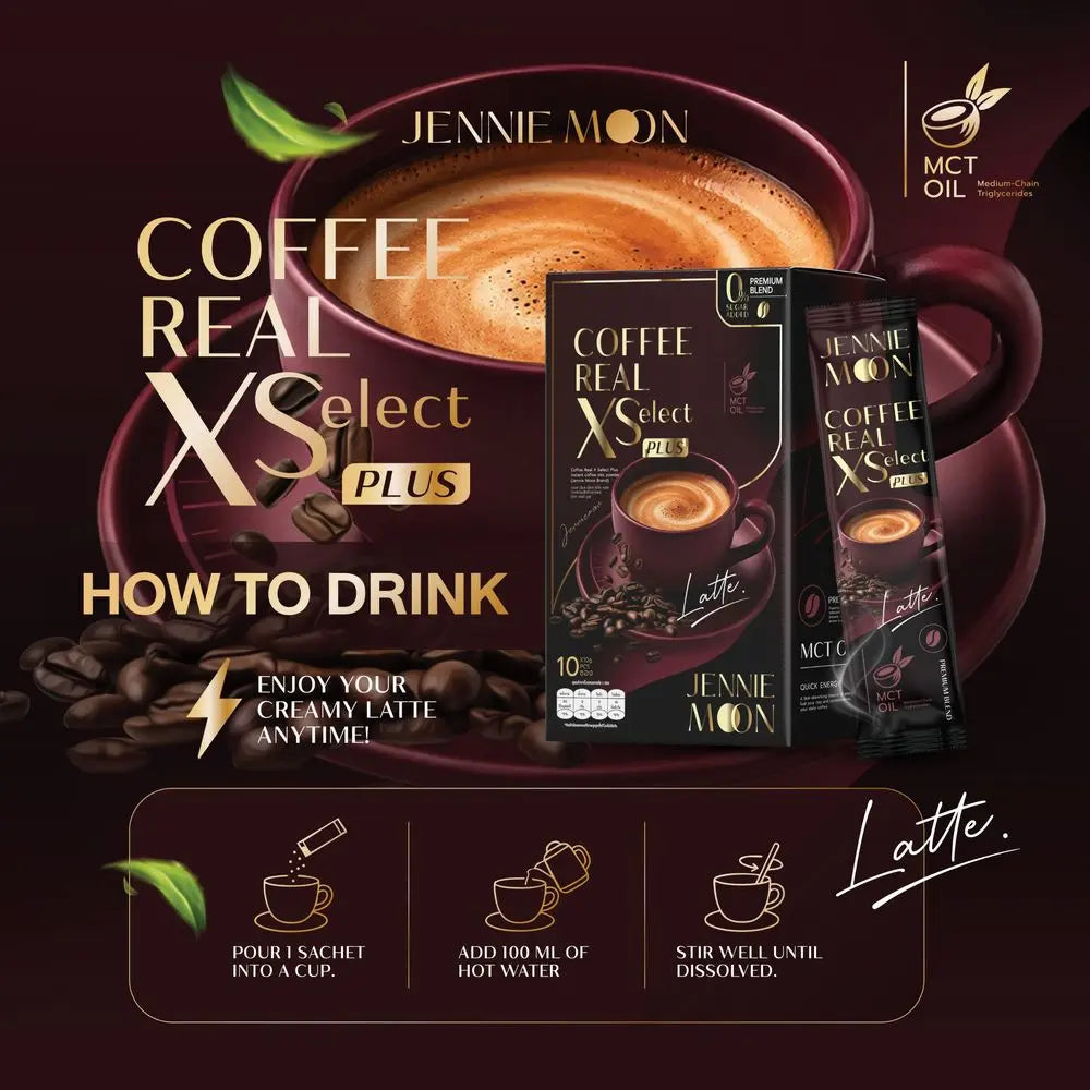 Jennie Moon latte preparation instructions: pour one sachet into a cup, add 100 ml hot water, and stir until dissolved.