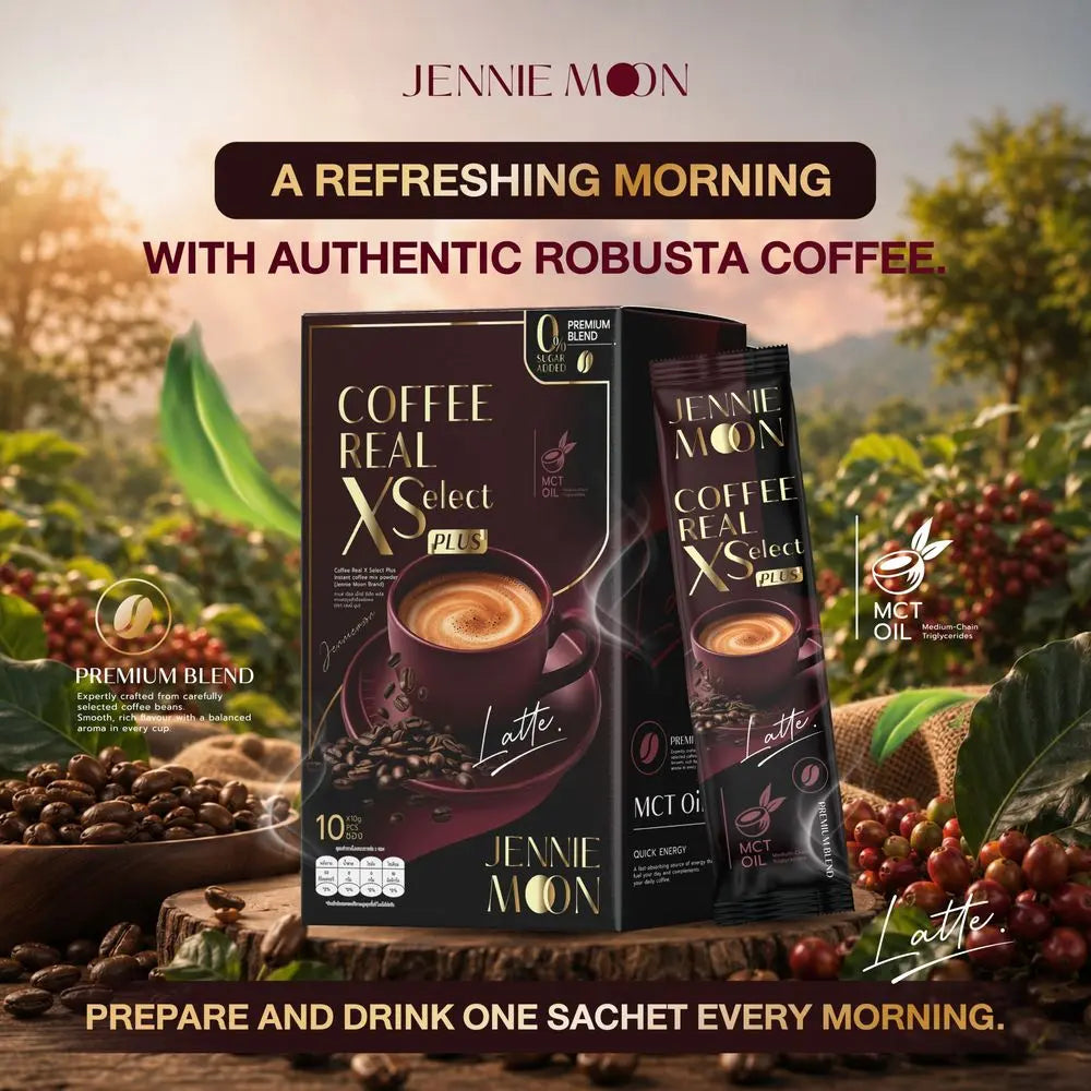 Jennie Moon Coffee Real Select Plus box and sachet surrounded by coffee beans and plants in morning light.