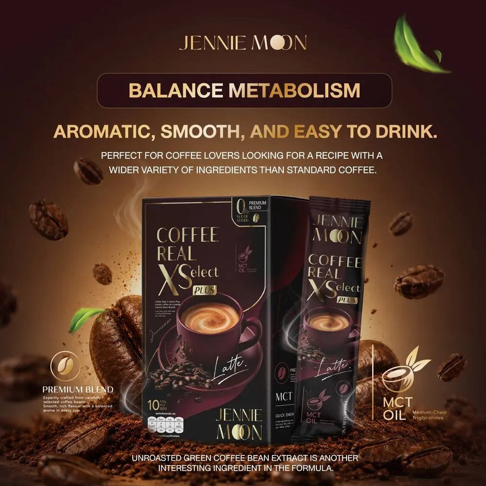 Jennie Moon Coffee Real Select Plus box and sachet with coffee beans and text highlighting MCT oil and green coffee bean extract.