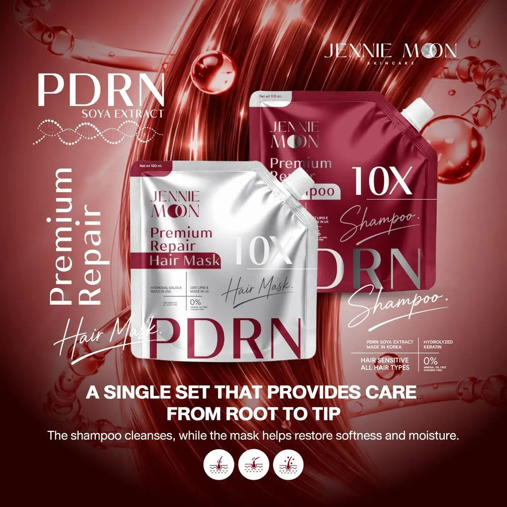 Jennie Moon 10X PDRN shampoo and hair mask with a glossy hair background and root-to-tip care messaging.